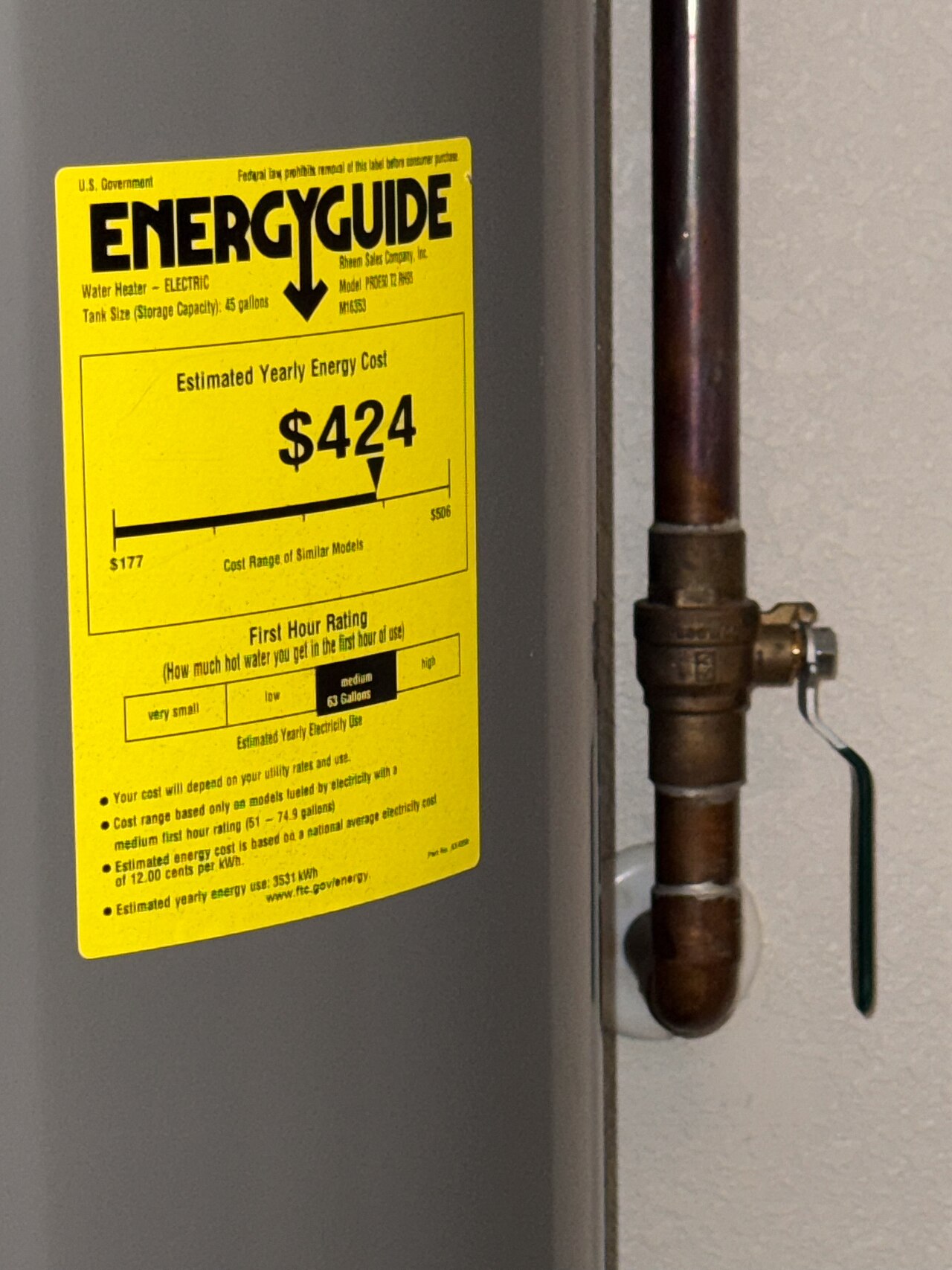 Close-up of the EnergyGuide label and connected piping on an electric storage water heater
